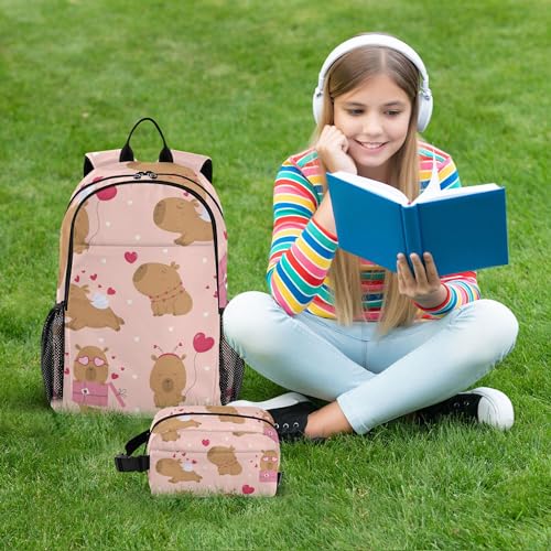 Lovely Capybara Backpack with Lunch Bag, School Backpack for Teens Boys Girls Kids Travel Backpacks Set - color: Red