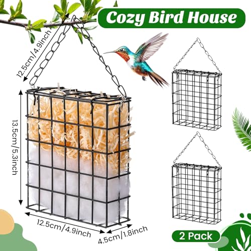 2 Set Hummingbird Nesting Material Hanging Cage Holder with Natural Cotton Raffia Gift for Bird Lover Hummingbird House Material for Wild Bird Outdoor Garden Home Resting Place(Black) - color: Black