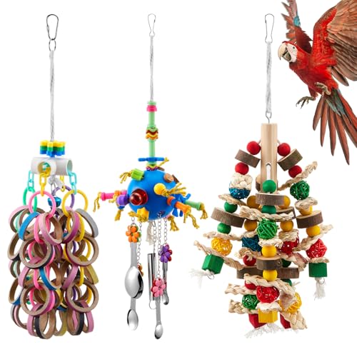 Seenelling 3 Pcs Extra Large Bird Toys for Parrots, Ring and Ball | Multicolored Natural Wooden Blocks & Beads Bells, Bird Cage Chewing Toys for Large Medium Macaws African Grey Cockatoos - style: Ring and Ball