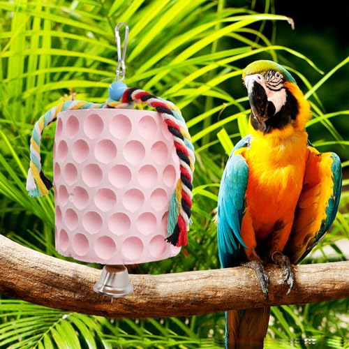 Extra Large Bird Chewing Toy, Parrot Beak Grinding Calcium Stone with Bells, Bird Cage Accessories, Cage Toys for Cockatiel Parakeet Parrot Budgies Rat Hamster Chinchilla Rabbit Bunny African Grey - color: Pink
