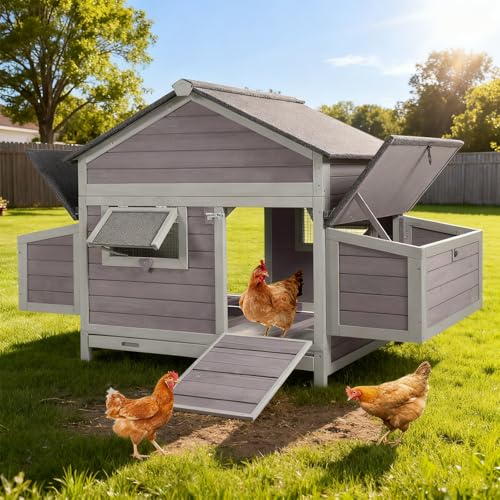 Chicken Coop with Dual Nesting Boxes for 4–6 Chickens, Large Outdoor Chicken Coop Duck House, Compatible with Automatic Chicken Coop Door & Extra Run, 67.3" L x 36.8" W x 40.6" H - size: 67.3"L x 36.8"W x 40.6"H