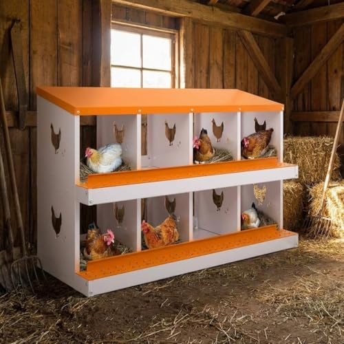 Chicken Nesting Box, 8 Compartment Galvanized Steel Chicken Laying Boxes, Heavy Duty Rustproof Chicken Coop with Easy Egg Collection for Backyard Farms - Wall Mountable, Orange - color: orange, size: 46.1"L x 17.3"W x 8.5"H