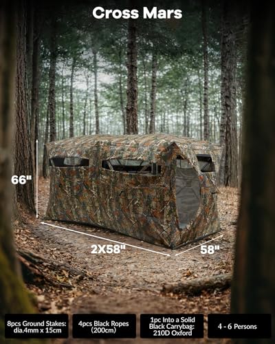 Hunting Blind 270 Degree See Through Ground Blind for Turkey Deer Hunting, Camouflage Pop Up Hunting Blinds Ground Waterproof Portable Concealed Shelter with Silent Door and Carrying Bag - size: 4-6 Person