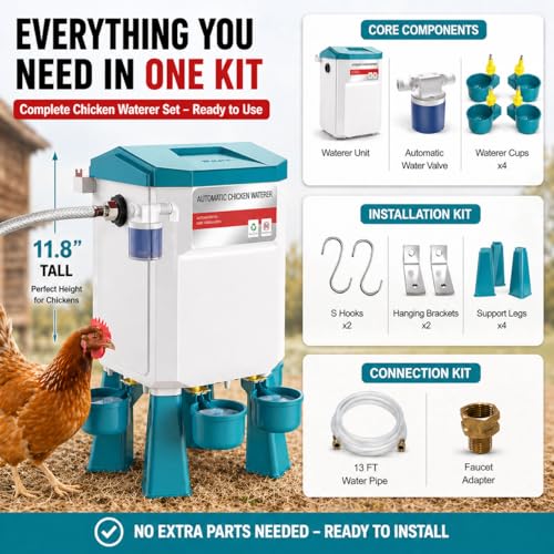 Automatic Chicken Waterer 2 Gallons, Chicken Water Feeder with Float Valve & 4 Water Cups, 13FT Hose Poultry Waterer System, Chicken Coop Water Dispenser for Chickens Ducks Quail Turkey (Blue, 2 GAL)