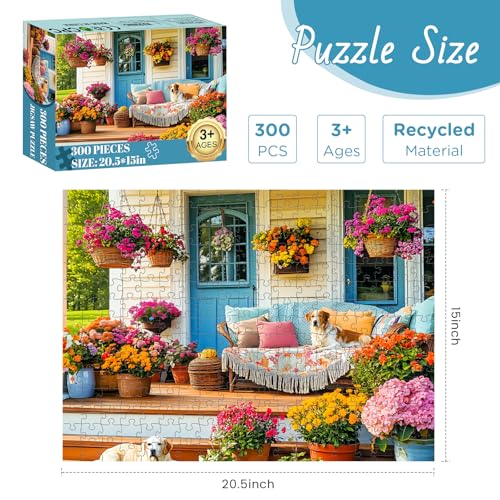 300 Piece Puzzles for Adult, Colorful Flower and Cute Puppy Jigsaw Puzzle - style: House and Puppy