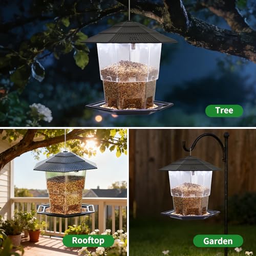 Solar Bird Feeder for Outdoors Hanging,Hanging Wild Bird Feeders with S Hook for Blue Bird, Cardinals, Finches,Wild Birds Seed Feeder, As Gift for Bird Lovers（Black） - color: Black Solar Bird Feeder