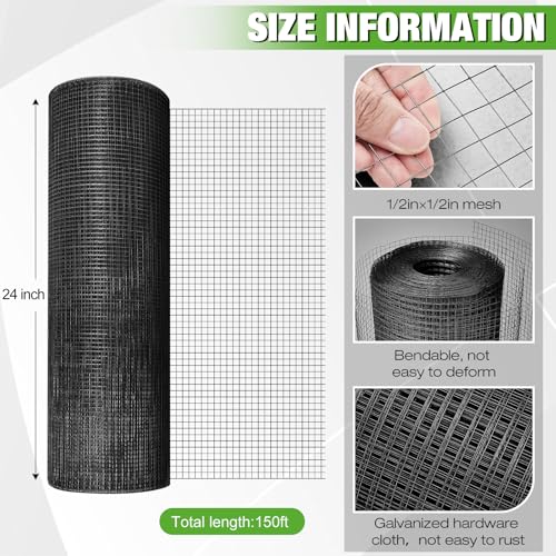 Tatuo Hardware Cloth 1/2 Inch 24in x 150ft Hot Dip Galvanized After Welded Cage Mesh Rolls 21 Gauge Metal Chicken Wire Roll Wire Fencing Poultry Netting for Raised Garden Rodent Animals - color: Black, size: 24in X 150ft