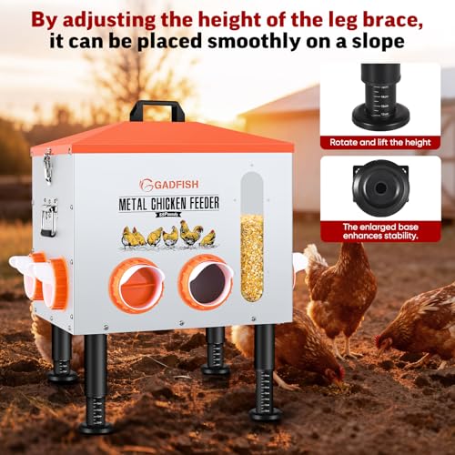 55LBS Large Capacity Automatic Chicken Feeder - Upgraded Window Design Allows Viewing of Feed Conditions, 8 Feeding Ports, Anti-Waste Design, Height-Adjustable Legs & Secure