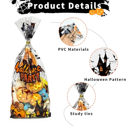 Halloween Treat Bags, Halloween Cellophane Treat Bags, 200 PCS Halloweens Candy Bag, Plastic Cello Cookie Goodies Gift Bag with 210pcs Ties for Halloweens Trick or Treat Party Favors Supplies, 4 Style - color: Halloween 200pcs