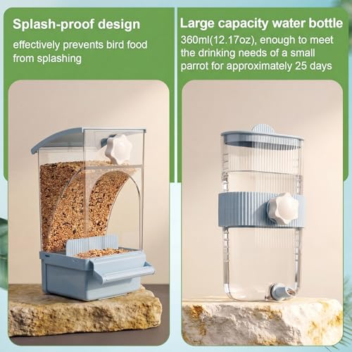 Novabright No Mess Bird Feeder Water Dispenser Set, Automatic Transparent Bird Food Container and 12 oz Automatic Water Feeder for Small Birds Parrot, Cockatoo, Canary, Cage, Lovebird, Budgies(Blue) - color: Blue