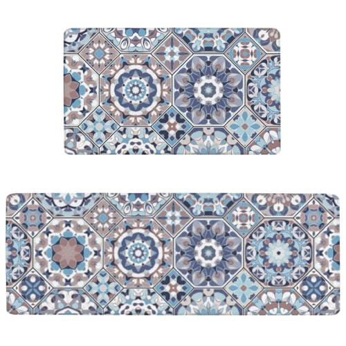 Farmhouse Boho Anti Fatigue Kitchen Mats, 17.3"x47"+17.3"x29", Blue | Cushioned Non Slip Memory Foam Waterproof, Vintage Kitchen Decor Rugs for Floor, Set of 2 for Sink Laundry Office - color: Blue Vintage