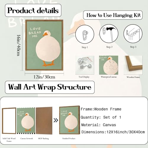 Cute Silly Goose Kitchen Wall Art Love Bread Me Quotes Wall Decor Painting, Funny White Duck Canvas Prints Picture for Farmhouse Kitchen Living Dining Room Bedroom 12x16 inch Wood Framed - color: Animal-K, size: 16"L x 12"W
