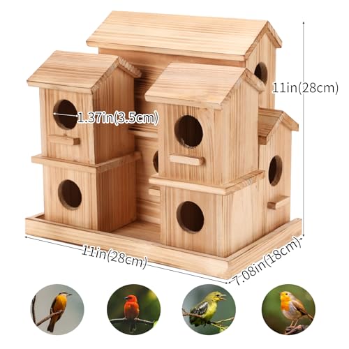 Wooden Bird Houses for Outside, 10 Holes Multi-Chamber Bird House, 1.37" Entrance Hole for Small Birds, Decorative Outdoor Bird Nesting Box