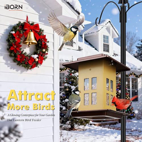 iBorn Bird Feeders for Outdoors, Metal Bird Feeder, Wild Bird Feeders for Cardinal, 2.3LBS Capacity,18cm Large Roof, Lantern Style, Black (Muted Yellow) - color: Muted Yellow