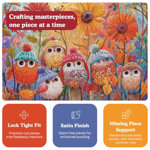 Cross & Glory | Jigsaw Puzzles for Adults | A Cozy Little Parliament | Cute Autumn Birds in Knitted Hats | Whimsical Fall Forest Puzzle | 2mm Thick Pieces | Satin Finish | Ages 14+ - color: Cozy Little Parliament