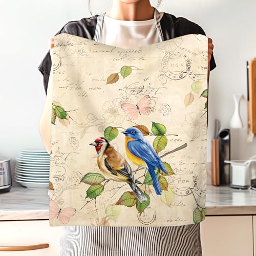 Vintage Birds Tea Towels, 100% Cotton Kitchen Towels, Set of 4 | 18.9 x 27.5 in / 48 x 70 cm, Lightweight Woven Dish Cloth with Retro Birds Print for Bird Lovers, Hostess Gift - color: Retro Birds