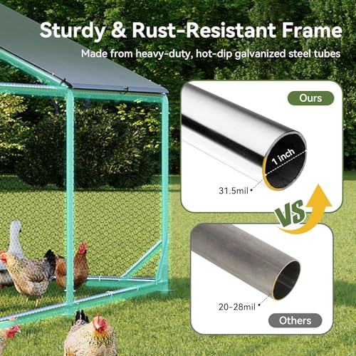 Aoxun Metal Chicken Coop, Outdoor Chicken Runs for Yard with Cover, Spire Roof Hen House Enclosure with Security Lock, Walk-in Cage Peak Hen House for Yard Farm (10x6.5x6.4 FT) - size: 120.0"L x 77.0"W x 76.8"H