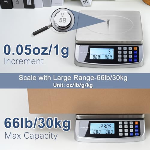 Atogou 66lb Food Scale, Commercial Kitchen Scale with Price Computing | Plug-in Usable, 0.05oz/1g Increment, 304 Stainless Steel, for Cooking, Vegetables, Farm, Industry, Counting. LC300 Silver - style: Silver 66lb/30kg