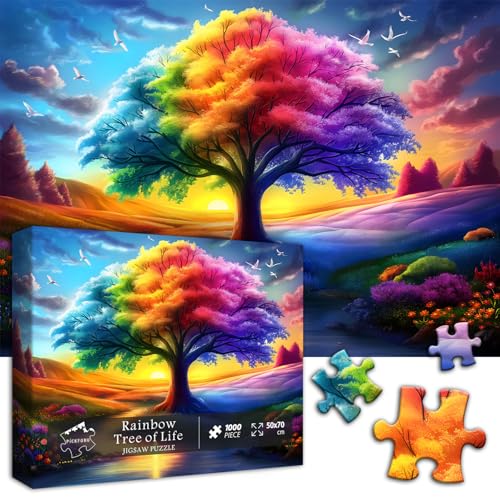 Rainbow Tree of Life Puzzles for Adults 1000 Pieces, Colorful Landscape Gradient Jigsaw Puzzle, Tree Nature Puzzle Scenery - style: Rainbow Tree of Life