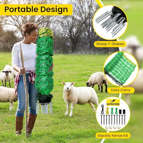 Rintea Electric Fence Netting, 42.6 in H x 164 ft L, Livestock Fence | Portable PE livestock net with 14 double-spike posts for sheep, goats, hogs, cattle and dogs; energizer not included