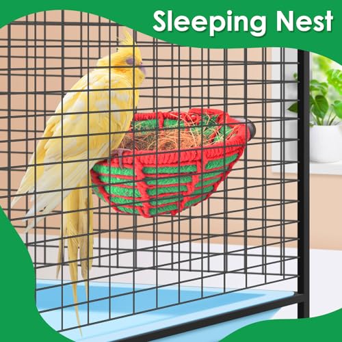 KATUMO Bird Nest, 5.3in Cockatiel Breeding Nest Parakeet Bed with Natural Coconut Fiber Bedding for Budgie, Parakeet, Cockatiel, Conure, Lovebird, Canary, Finch, Small Birds - color: Green+Red