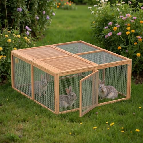 GOJOOASIS Wooden Chicken Coop Portable Rabbit Run Foldable Outdoor Pen | Chicken Playpen for Outside, Duck Enclosure, Small Animal Cage with 2 Accesses & Ventilating Wire, for Garden Backyard - color: Wood