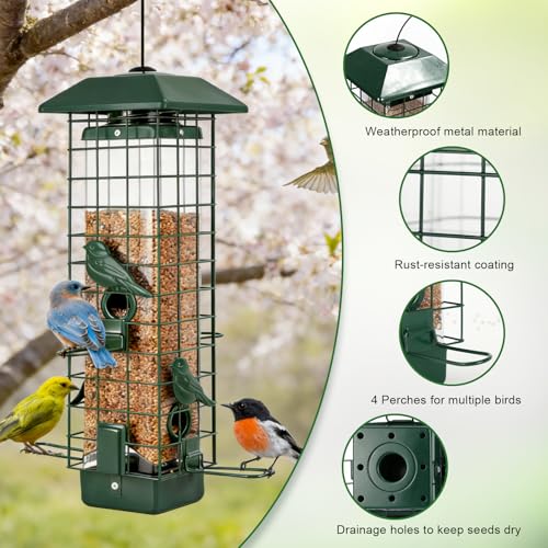 Gbekery Squirrel Proof Bird Feeder, Metal Mesh Feeders for Outdoors Hanging, Gravity Protection Wild Bird Feeders for Finch Chickadee, Weather Resistant, 3LB Large Capacity, Green - color: Green Square
