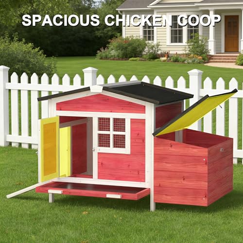 GOJOOASIS Chicken Coop w/Nesting Box Outdoor Wooden Raised Hen House | Small Chicken House for 2 Chickens, Poultry Cage with Removable Tray, Ramp, Backyard Coop with Window, Red - size: F