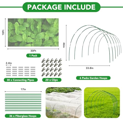 Garden Netting Kit for Raised Beds, 10x30FT Ultra Fine Mesh Netting ＆6 Sets Fiberglass Garden Hoops, Insect Netting for Garden Plant Row Cover Vegetable Flowers Protection Barrier - size: 10x30FT