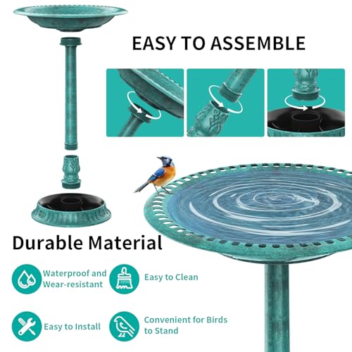 AISITIN 28 Inch Bird Bath with 3.5W Solar Fountain for Outside, Green | Polyresin Pedestal Bird Baths for Outdoor Garden Courtyard Decoration, Weather-Resistant Birdbaths with 20" Bowl & 8 Nozzles - color: Green
