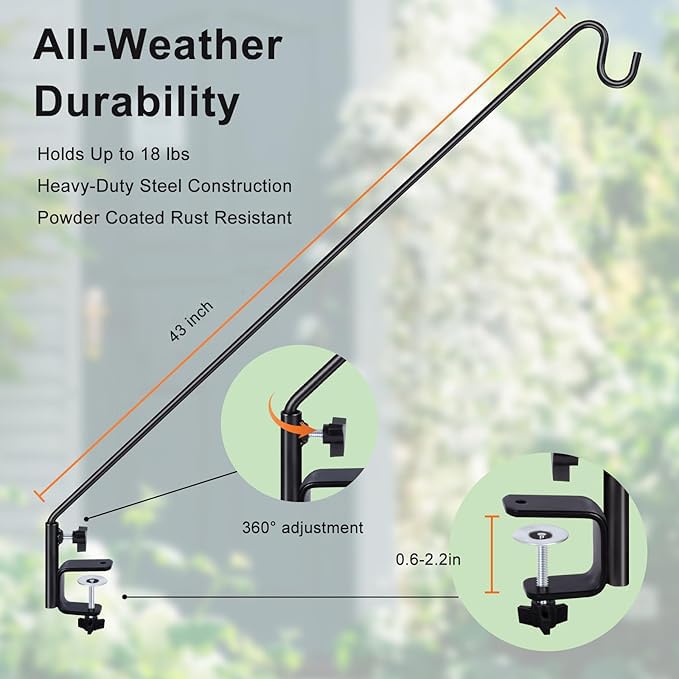 Deck Hook Outdoor Hanging Brackets：43 Inches Wall Mounted Hook Plants & Wind Chimes Risk-Free Lanterns Large Wind Chimes Lanterns - size: 43"Deck hook with 1 pack wall-mounted part