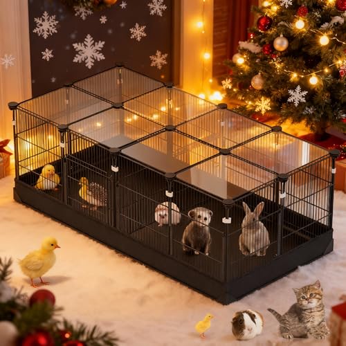 22 Panels Small Animal Playpen, Pet Playpen with Doors & Waterproof Mat | Metal Wire Yard Fence for Rabbits, Guinea Pigs, Hamsters, Chicken, Hedgehogs, Indoor Outdoor C&C Cage Black