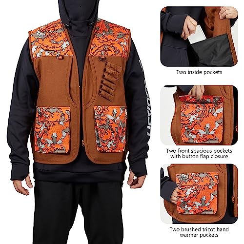 BASSDASH Upland Game Field Water-Resistant Bird Hunting Vest with Multi Pockets Men Women FV11 - color: Brown/Flame Camo, size: X-Large