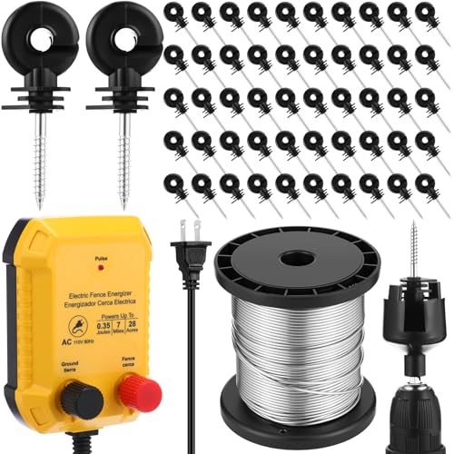 Electric Fence Charger Set 7 Mile 110VAC 0.35 Joule Electric Plug in Fence to Contain Chickens Pet Poultry 50 Black Insulator and 1 Socket Tool 250ft Aluminum Wire for Garden Pond Protection - style: 0.35 Joule