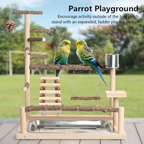 Wood Pet Parrot Playground Bird Play Stand Toys Perch with Feeder Cups for Cockatiel Parakeet Lovebirds Conure (Natural) - color: Natural