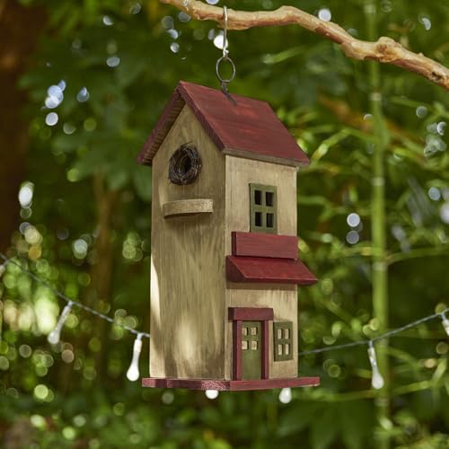 Glitzhome Bird Houses for Outdoor, Solid Wood Bluebird House for Outside, 14.25" H Rustic Distressed Hand Painted Decorative Birdhouse Nest Box Hanging Birdhouses for Patio Garden - color: 14.25"H