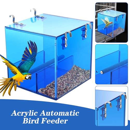 Automatic Bird Feeder Residue-Free Bird Cage Pet Feeder Seed & Pellet Container for Long-Tailed Parrots, Budgerigars, Canaries, Cockatiels, Lovebirds Acrylic Material Blue 6.3 x 6.3 x 6.3 Inches - size: 6.3x 6.3 x 6.3inch