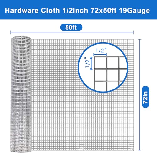 Hardware Cloth 1/2 in 72 x 50 ft 19 Gauge Welded Wire | welded mesh with uniform openings and strong welds for Chicken Coop, Garden Fence, Gopher Barrier and Animal Enclosure - size: Silver 1/2" 72" x 50' 19Ga