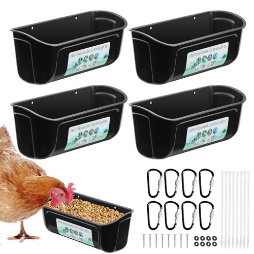 PIREKZUNT 4 Pack Chicken Duck Feeder, Poultry Feeders and Waterers, Hanging Goat Feeder, Livestock Feeding Container, Feed Trough and Waterer Bucket with Clips(Black) - color: 4 Pack Black