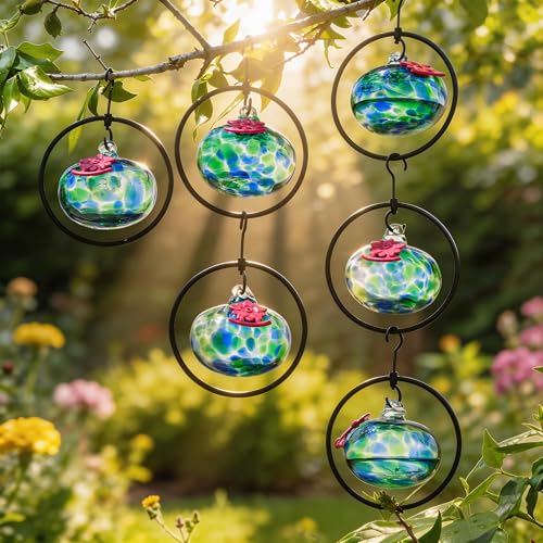 QFkris Set of 6 Blown Glass Hummingbird Feeder for Outdoors Hanging, Small Hummingbird Feeder with Flower Feeding Ports for Outside Garden Backyard Decor, Gardening Gifts for Women Mom(Green) | Blown Glass Hummingbird Feeder for Outside Garden Backyard De