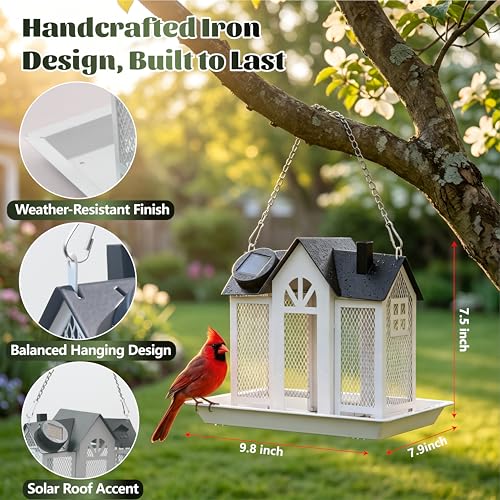 Solar Bird Feeder for Outdoors Hanging –Bird Feeders with Solar Light | Heavy Duty Metal Wild, with 5 Bird ID Cards, Chew Resistant Seed Feeder for Cardinal, Unique Gifts for Mom