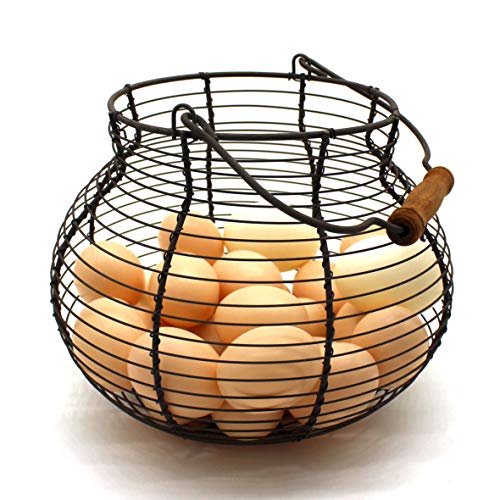 Antique Wire Egg Basket with Wood Handle Primitives Vintage Gathering Basket. Rusty - size: 8-1/4" Dia. x 7-1/4" H - Rusty
