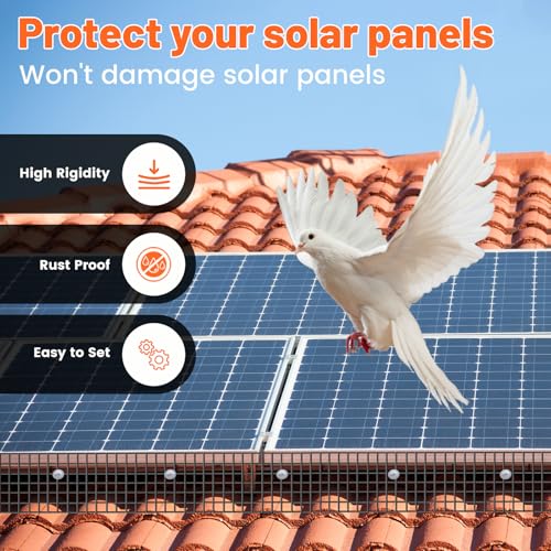 Solar Panel Bird Guard with 60 PCS Clips, 6in x 100ft Solar Systems Mesh | PVC Coated Pigeon Netting, Critter Guard for Squirrel Rodent Protection Rooftop Roof Protection Bird Netting