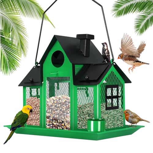 Solar Bird Feeders House for Outside Hanging, Metal Wild Bird Feeder for Outdoors Large Capacity Cardinal Birdfeeder Birdhouses Metal Bird Feeding Station Green - color: green