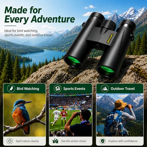 Asacam 12x42 Binoculars for Adults, HD BAK4 Prism for Bird Watching | High Powered Large Eyepiece, Lightweight Design for Travel, Hunting, Camping and Sports with Clear Viewing Experience - color: Dark Black