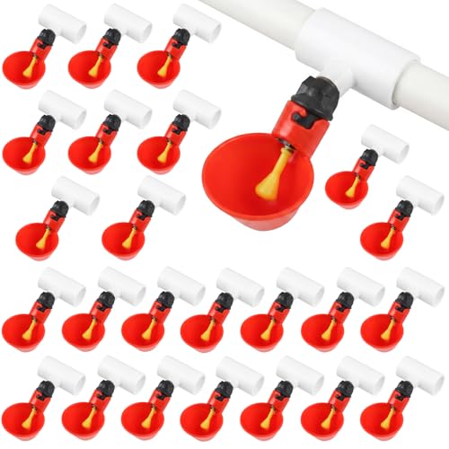 24 Pack Automatic Chicken Waterer Cups with PVC Tee, Chicken Water Feeder Chicken Water Bowls Poultry Water Feeder Kit for Chicks, Duck, Goose, Turkey and Bunny