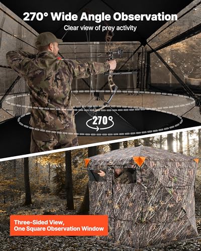 VEVOR Hunting Blind，See Through Ground Blinds with Carrying Bag, 360 Degree Portable Camouflage Tent，Durable Concealed Shelter with Silent Side Door and Window, for Turkey and Deer - size: 4-5 Person（270° See Through) (H-79''）