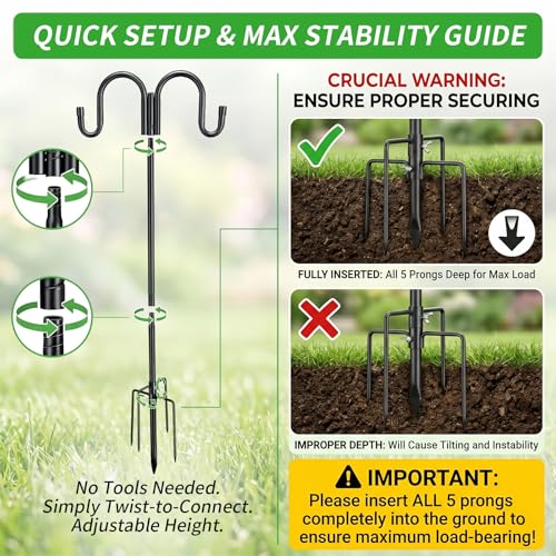 Black Double Shepherds Hook - 67 Inch Adjustable Bird Feeder Pole with 5 Prongs Base - Heavy Duty Rustproof Shepards Hooks for Outdoor Hummingbird Feeder Stand, Solar Lights, Lanterns, Flower Basket
