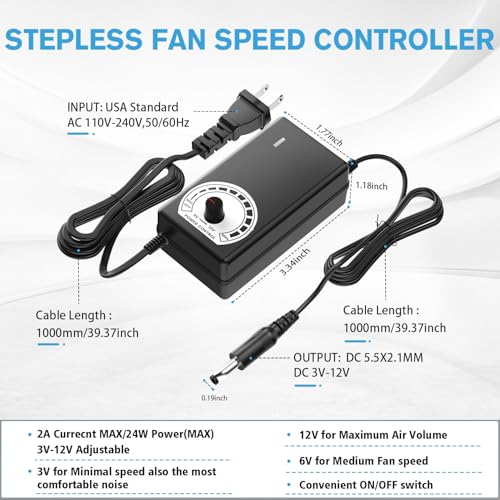 120mm x 25mm Computer Fan with AC Plug, Variable Speed Controller (3V-12V) – AC 100-240V Compatible for PC Case, Xbox, PlayStation, DVR, RV Fridge, Cabinet, Greenhouse & DIY Electronics Cooling - size: 1x120mm