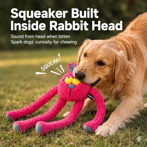 Squeaky Rabbit Dog Plush Chew Toy, Interactive Tug Squeaky Toy for Chewers, Medium Large Dogs & Fetch Play, 31.5 Inch Stuffed Play Toy with Stretchable Limbs for Gentle Gum Care & Boredom Relief - color: Rose Red (Swinging Rabbit)